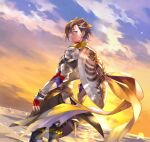  1boy armor black_hair fate/grand_order fate_(series) fingerless_gloves gloves kotobuki_toro male_focus mandricardo_(fate) ocean shield smile star_(sky) sunset 