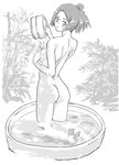  1girl ass bare_back bare_shoulders bath breasts female fuu hair_up kneeling looking_at_viewer looking_back monochrome nude plant samurai_champloo water wet 