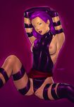  armpits arms_behind_head belt blue_eyes breasts elbow_gloves gloves leotard lips lipstick long_hair makeup medium_breasts miravi nipple_slip nipples no_bra psylocke purple_hair shiny shiny_clothes sitting skin_tight solo spread_legs thighhighs wedgie x-men 