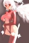  albino blush boots breasts covered_nipples feathers final_fantasy final_fantasy_tactics head_wings hima huge_breasts leotard red_eyes red_leotard shiny short_hair solo thigh_boots thighhighs ultima_(fft) white_hair wings 