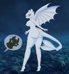  anthro anthrofied big_breasts big_butt breasts butt cocaine-leopard dragon female how_to_train_your_dragon light_fury long_legs male male/female night night_fury nubless outside rear_view side_boob standing surprise toothless wings 