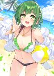  1girl :d antenna_hair arm_up ball bangs bare_shoulders beach beachball bikini blue_sky blush bracelet breasts cleavage cloud collarbone commentary_request cu-no day eyebrows_visible_through_hair frilled_bikini frills green_eyes green_hair hair_ornament hisen_kaede holding holding_ball jewelry leaf looking_at_viewer medium_breasts navel necklace nonono_futaba o-ring o-ring_bikini o-ring_top ocean open_mouth outdoors palm_tree sand shirt short_hair sky smile solo standing sunlight swimsuit swimsuit_under_clothes tree water white_shirt x_hair_ornament 