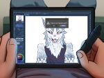  4:3 claws clip_studio_paint drawing drawing_tablet english_text feral finger_claws first_person_view fur grey_body grey_fur human male mammal mightyena nintendo pen pok&eacute;mon pok&eacute;mon_(species) red_eyes shaded solo text toshabi video_games yellow_sclera 