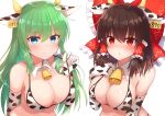  2girls :o animal_ears animal_print bangs bare_shoulders bell bikini blue_eyes blush bow breasts brown_hair cleavage closed_mouth collarbone commentary_request cow_ears cow_horns cow_print detached_collar ear_tag elbow_gloves eyebrows_visible_through_hair frills frog_hair_ornament gloves green_hair hair_between_eyes hair_bow hair_ornament hair_tubes hakurei_reimu highres horns kochiya_sanae large_breasts long_hair looking_at_viewer multiple_girls red_bow red_eyes sidelocks simple_background smile snake_hair_ornament strap_pull sweat swimsuit tksand touhou upper_body very_long_hair white_background white_gloves 