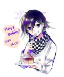  1boy bangs black_hair cake cake_slice checkered checkered_scarf commentary_request cropped_torso crown_print danganronpa_(series) danganronpa_v3:_killing_harmony dated food food_on_face hair_between_eyes happy_birthday highres holding holding_plate holding_spoon jacket long_sleeves looking_at_viewer male_focus mian_(nemu_0118) ouma_kokichi plate purple_eyes purple_hair scarf shiny shiny_hair short_hair simple_background solo spoon upper_body white_jacket 