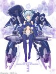  1girl alice_gear_aegis anniversary artist_name blue_eyes blue_hair blue_legwear closed_mouth commentary_request company_name copyright_name drink drinking_straw ebikawa_kanetake english_text holding holding_drink mecha_musume navel nina_kalinina official_art russian_text signature solo translation_request 
