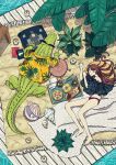  1girl brown_hair crocodile crocodilian cup food hasha hawaiian_shirt highres leaf long_hair lying on_side original pineapple_print plant plate print_shirt seashell shadow shell shirt solo spoon yellow_shirt 