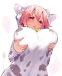  1girl alternate_costume animal_print bell blush breasts commentary_request cow_hood cow_horns cow_print cow_tail cowbell efe eyebrows_visible_through_hair grabbing_own_breast hair_between_eyes highres horns large_breasts open_mouth pink_hair purple_eyes saigyouji_yuyuko short_hair simple_background solo tail teeth touhou upper_teeth white_background 