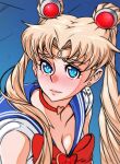  1girl absurdres apoloniodraws bishoujo_senshi_sailor_moon blonde_hair blue_eyes blush bow breasts choker cleavage closed_mouth cropped earrings heart heart-shaped_pupils heart_choker highres jewelry long_hair red_bow red_choker sailor_moon sailor_moon_redraw_challenge solo symbol-shaped_pupils tsukino_usagi twintails 
