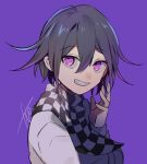  1boy bangs black_hair checkered checkered_scarf commentary_request danganronpa_(series) danganronpa_v3:_killing_harmony eyebrows_visible_through_hair flipped_hair from_side grin hair_between_eyes hand_up huyuharu0214 jacket long_sleeves looking_at_viewer male_focus ouma_kokichi purple_background purple_eyes purple_hair purple_theme scarf signature simple_background smile solo upper_body 