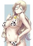  1girl animal_print aqua_eyes bell bell_collar bikini blonde_hair breasts cameltoe collar covered_nipples cow_print cowbell hair_between_eyes highres kantai_collection kuurunaitsu large_breasts long_hair looking_at_viewer mole mole_under_eye mole_under_mouth red_collar richelieu_(kantai_collection) side-tie_bikini simple_background smile solo swimsuit two-tone_background 