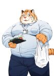  2021 anthro belly bottomwear bulge clothing felid food hamagiato hi_res humanoid_hands kemono male mammal overweight overweight_male pantherine pants shirt simple_background solo tiger topwear white_background 