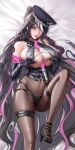  1girl bangs bare_shoulders between_breasts bikini black_bikini black_gloves black_hair black_headwear black_legwear blush breast_squeeze breasts cleavage covered_navel elbow_gloves facial_mark fate/grand_order fate_(series) forehead_mark gloves halter_top halterneck hat highres large_breasts long_hair looking_at_viewer multicolored_hair pantyhose parted_bangs pink_hair police_hat ponytail sesshouin_kiara sesshouin_kiara_(swimsuit_mooncancer)_(fate) smile streaked_hair swimsuit thighs traffic_baton tsuki_no_i-min very_long_hair yellow_eyes 