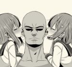  1boy 2girls bald blush closed_eyes closed_mouth ear_licking greyscale hair_between_eyes hair_ornament hairclip hetero highres ikazuchi_(kantai_collection) inazuma_(kantai_collection) kantai_collection licking long_sleeves mamerakkkkko monochrome multiple_girls open_mouth saliva school_uniform serafuku sidelocks simple_background 