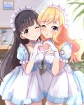  2girls ;) bangs black_eyes black_hair blonde_hair blue_dress blue_eyes blunt_bangs blurry blurry_background blush braid breasts choker closed_mouth collarbone commentary_request cowboy_shot depth_of_field dress eyebrows_visible_through_hair frills gloves heart heart_hands heart_hands_duo idolmaster idolmaster_cinderella_girls idolmaster_cinderella_girls_starlight_stage indoors kobayakawa_sae long_hair looking_at_viewer maid maid_headdress medium_breasts multiple_girls namidako one_eye_closed ootsuki_yui open_mouth puffy_short_sleeves puffy_sleeves short_sleeves smile striped thighhighs white_gloves white_legwear zettai_ryouiki 