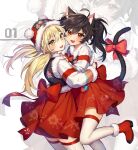  2girls ahoge animal_ears bangs blonde_hair blush bow cat_ears cat_girl cat_tail commentary_request copyright_request doomie1 fang floral_print from_side fur-trimmed_headwear fur_trim hands_up hat highres hug jacket large_bow long_hair multiple_girls open_mouth print_skirt red_bow red_eyes red_footwear red_legwear red_skirt santa_hat skin_fang skindentation skirt smile tail tail_bow tail_ornament thighhighs twintails two-tone_legwear white_jacket white_legwear yellow_eyes 