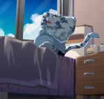  2021 anthro bed bedding bedroom blanket bottomwear clothing detailed_background eyes_closed felid fur furniture inside kemono male mammal moonwhitetiger overweight overweight_male pantherine shirt shorts sitting solo tiger tired topwear white_body white_fur 