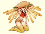  1girl artist_name brown_shorts food french_fries hamburger hand_up highres holding holding_food hot_dog looking_at_viewer midriff navel open_mouth original oxcoxa red_shirt shadow shirt shorts simple_background sleeveless sleeveless_shirt solo thighhighs yellow_background yellow_legwear 