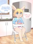  anthro baby_food blonde_hair blue_eyes blush bowl bulge cheek_tuft clip_accessory clothed clothing crossed_legs cutlery diaper dreamyart embarrassed facial_tuft food_on_face fridge girly hair hi_res high_chair holding_object in_denial infantilism kitchen kitchen_utensils lagomorph leporid long_ears male mammal messy_eater open_mouth rabbit sink sitting_on_chair solo speech_bubble spoon teasing text tools tuft window wood_floor young 
