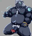  2021 absurd_res anthro balls belly bodily_fluids genital_fluids genitals hi_res humanoid_hands kemono male mammal moobs moonwhitetiger nipples overweight overweight_male penis precum simple_background solo ursid 