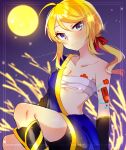  1girl ame_(module) asymmetrical_clothes bare_shoulders blonde_hair blue_eyes blush breast_tattoo breasts cleavage flower_tattoo full_moon hair_ribbon head_tilt kagamine_rin kawahara_chisato knees_up light_particles looking_at_viewer moon night night_sky open_clothes ponytail project_diva_(series) ribbon sarashi shoulder_tattoo sidelocks sitting sky small_breasts smile solo tattoo vocaloid 
