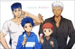  4boys akujiki59 alternate_costume archer bangs black_hoodie black_shirt blue_hair blue_hoodie closed_mouth collarbone collared_shirt commentary_request cu_chulainn_(fate)_(all) dark_skin dark_skinned_male earrings emiya_shirou fate/stay_night fate_(series) food grey_background hand_up holding hood hood_down hoodie ice_cream ice_cream_cone jewelry lancer long_hair long_sleeves looking_at_another male_focus multiple_boys parted_lips red_eyes red_hair shirt short_hair simple_background smile teeth white_hair white_shirt 