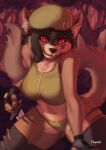  anthro berret canid canine canis clothing digital_media_(artwork) digital_painting_(artwork) female fluffy_ears forest foxovh fur gloves hair handwear hi_res knife legwear looking_at_viewer mammal outside panties plant smile smiling_at_viewer solo solo_focus tree underwear weapon wolf 