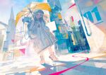 1girl aamond absurdres aqua_eyes building coat crack english_text hat highres holding holding_umbrella long_sleeves looking_at_viewer original outdoors shadow shoes solo standing umbrella white_coat white_footwear wide_shot wide_sleeves 