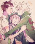  1girl 2boys :d ahoge backpack bag bangs black_jacket blurry blurry_foreground blush brown_hair cat_bag closed_eyes commentary_request danganronpa_(series) danganronpa_2:_goodbye_despair depth_of_field facing_another from_side green_jacket green_neckwear grey_hair hair_ornament hairclip hand_on_another&#039;s_head highres hinata_hajime hood hood_up hooded_jacket jacket komaeda_nagito long_sleeves looking_at_another medium_hair mian_(nemu_0118) motion_blur multiple_boys nanami_chiaki necktie open_mouth pink_bag pink_hair sandwiched shiny shiny_hair short_hair short_sleeves smile 