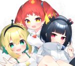  3girls amano_pikamee bare_shoulders black_hair blonde_hair blush breasts eringikinono green_eyes green_hair highres hikasa_tomoshika jitomi_monoe large_breasts long_hair long_sleeves looking_at_viewer multicolored_hair multiple_girls nail_polish oversized_clothes red_eyes red_hair sharp_teeth short_hair teeth twintails two-tone_hair v virtual_youtuber voms yellow_eyes zipper_pull_tab 