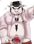  2021 absurd_res anthro balls black_hair bottomwear bovid bovine cattle clothed clothing erection fur genitals hair hi_res humanoid_genitalia humanoid_hands humanoid_penis kemono male mammal moonwhitetiger open_clothing open_shirt open_topwear overweight overweight_male pants penis shirt simple_background solo topwear white_background white_body white_fur 