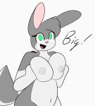  2021 anthro big_breasts black_body black_feathers breasts crossgender dialogue english_text feathered_wings feathers female front_view fur green_eyes grey_background grey_body grey_fur grey_hair hair hare holding_breast huge_breasts lagomorph leporid looking_at_viewer mammal mr_rottson mtf_crossgender nude open_mouth pink_nose presenting presenting_breasts rotto_(mrrottson) simple_background smile solo text wings 