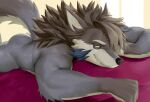  absurd_res anthro bed butt canid canine canis cat_n1p fur furniture grey_body grey_fur hair hi_res looking_at_viewer lying male mammal mane mane_hair muscular muscular_anthro muscular_male nude on_front solo temujin tokyo_afterschool_summoners video_games wolf 