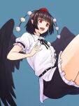  1girl bangs belt bird_wings black_belt black_hair black_ribbon black_skirt black_wings blue_background breasts buttons collared_shirt eyebrows_visible_through_hair frilled_skirt frills hat highres kakone legs_up looking_at_viewer medium_breasts neck_ribbon open_mouth pointy_ears pom_pom_(clothes) red_eyes red_neckwear ribbon shameimaru_aya shirt short_hair short_sleeves simple_background skirt smile solo tokin_hat touhou white_shirt wings 