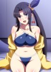  1girl bangs bare_shoulders bikini black_hair blue_bikini blue_eyes blush breasts collarbone fate/grand_order fate_(series) hair_bun hara_(harayutaka) highres jacket large_breasts long_hair long_sleeves looking_at_viewer navel off_shoulder open_clothes open_jacket open_mouth side_bun side_ponytail sitting smile swimsuit thighs ushiwakamaru_(fate/grand_order) ushiwakamaru_(swimsuit_assassin)_(fate) very_long_hair yellow_jacket 