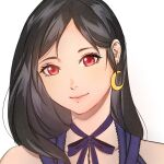  1girl bangs black_hair close-up crescent crescent_earrings earrings eyelashes face final_fantasy final_fantasy_vii final_fantasy_vii_remake hair_behind_ear highres jewelry long_hair looking_at_viewer mmariesr parted_bangs red_eyes simple_background solo tifa_lockhart white_background 