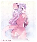  2020 anthro beauty_mark blush butt female fur hair looking_back luckypan mammal mouse murid murine purple_eyes purple_hair rear_view red_body red_fur rodent solo 