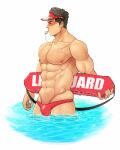  1boy abs absurdres bara bare_pecs black_hair bulge collarbone cowboy_shot highres holding lifeguard looking_to_the_side male_focus male_swimwear muscular muscular_male navel nipples original partially_submerged pectorals red_headwear short_hair sideburns skindentation solo stomach swim_briefs swimwear thighs water wet whistle whistle_around_neck whistling white_background winemvee 