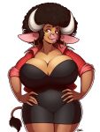  3:4 afro anthro big_breasts black_hair blazbaros bovid bovine breasts brown_body brown_fur cattle cleavage clothed clothing curved_horn dress ear_piercing ear_ring female fur hair half-closed_eyes hands_on_hips hi_res horn huge_breasts jacket mammal narrowed_eyes open_clothing open_jacket open_topwear piercing slightly_chubby smile solo standing tail_tuft tight_clothing topwear tuft voluptous wide_hips 