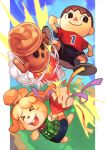  1boy 1girl aircraft animal_crossing animal_ears blue_sky blush_stickers chair condensation_trail day dog_ears dog_girl dog_tail eyebrows_visible_through_hair gyroid_(animal_crossing) hair_tie holding hungry_clicker isabelle_(animal_crossing) sandals shirt short_hair short_sleeves shorts skirt sky smile super_smash_bros. tail topknot tree villager_(animal_crossing) 
