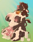  anthro bell bell_collar big_breasts bodily_fluids bovid bovine breasts brown_hair cattle collar eyewear female glasses hair hi_res horn hulder kneeling lactating looking_at_viewer looking_pleasured mammal milk milk_bottle nipples overweight overweight_female solo tail_tuft teats tongue tongue_out tuft udders 