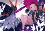  2girls :d abigail_williams_(fate) bangs bare_shoulders black_bow black_dress black_headwear black_sleeves blonde_hair blue_eyes blush bow braid bukurote commentary_request detached_sleeves dress fate/grand_order fate_(series) forehead glowing glowing_eyes hair_bow hands_up hat knees_up lavinia_whateley_(fate) long_hair long_sleeves looking_at_viewer multiple_girls open_clothes open_dress open_mouth orange_bow parted_bangs pink_hair polka_dot polka_dot_bow red_footwear shoes sitting sleeves_past_fingers sleeves_past_wrists smile socks strapless strapless_dress white_dress white_hair white_legwear wide_sleeves witch_hat 