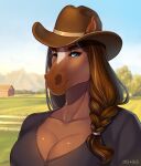  2021 anthro apple-faced big_breasts black_clothing black_shirt black_topwear blue_eyes braided_hair breasts brown_body brown_hair brown_skin bust_portrait cleavage clothed clothing cowboy_hat detailed_background digital_media_(artwork) equid equine female front_view grass hair hat headgear headwear hi_res horse looking_at_viewer mammal one_eye_closed plant portrait shirt signature sky solo topwear tree wink 