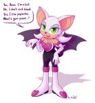  2017 anthro blush chiropteran comic_panel dsp2003 english_text female hi_res innuendo looking_at_viewer mammal membrane_(anatomy) membranous_wings offscreen_character open_mouth rouge_the_bat signature simple_background solo sonic_the_hedgehog_(series) speech_bubble text white_background wings 