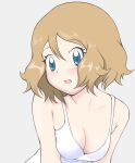  1girl bangs bare_arms blue_eyes blush breasts cleavage collarbone commentary_request eyebrows_visible_through_hair eyelashes grey_background hair_between_eyes highres light_brown_hair open_mouth pokemon pokemon_(anime) pokemon_xy_(anime) serena_(pokemon) shiny shiny_hair short_hair simple_background solo tax2rin upper_body 