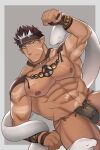  1boy abs bara black_male_underwear brown_hair bulge cowboy_shot facial_hair highres loincloth male_focus multicolored_hair muscular muscular_male navel nipples opqrald pectorals short_hair snake solo spiked_hair stomach stubble tangaroa tattoo thick_thighs thighs tokyo_houkago_summoners tribal tribal_tattoo two-tone_hair underwear underwear_only white_hair white_snake yellow_eyes 