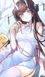  1girl :o azur_lane bangs bare_shoulders black_hair blunt_bangs blush china_dress chinese_clothes collarbone covered_navel creature cup double_bun dress eyebrows_visible_through_hair flower_knot garter_straps hair_ornament hair_stick highres horns irohatomo long_hair looking_at_viewer manjuu_(azur_lane) noshiro_(azur_lane) oni_horns parted_lips purple_eyes purple_legwear red_ribbon ribbon shawl sitting sleeveless sleeveless_dress steam thighhighs very_long_hair white_dress 