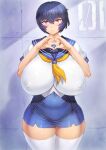  1girl alternate_color ayanami_rei belly black_hair breasts commentary_request covered_nipples curvy gigantic_breasts heart heart_hands highres light_smile looking_at_viewer mogudan neon_genesis_evangelion puffy_nipples red_eyes school_uniform serafuku short_hair skirt smile solo thick_thighs thighhighs thighs white_legwear wide_hips 