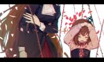  2girls black_dress brown_hair closed_eyes crying dec13yomi dress film_grain frills hand_on_own_arm hands_on_own_head head_out_of_frame long_hair long_sleeves multiple_girls open_mouth petals pink_shirt rose_petals shirt sleeve_cuffs tears thorns umineko_no_naku_koro_ni ushiromiya_maria ushiromiya_rosa 