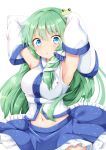  1girl :o bangs blue_eyes blue_skirt blush breasts commentary_request cowboy_shot detached_sleeves eyebrows_visible_through_hair frog_hair_ornament furrowed_eyebrows green_hair hair_ornament kochiya_sanae large_breasts long_hair midriff navel open_mouth out-of-frame_censoring petticoat presenting_armpit rururiaru shirt sidelocks simple_background skirt sleeves_past_fingers sleeves_past_wrists snake_hair_ornament solo standing touhou white_background white_shirt 